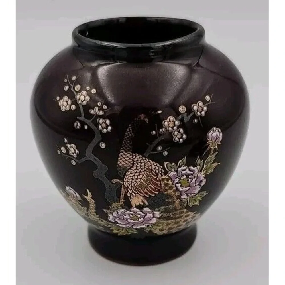 Ginger Jar with Lid Gold Trim Flowers & Peacock Vintage 4.5